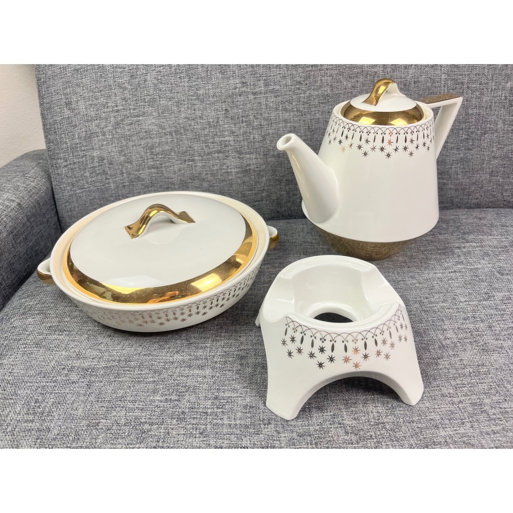 Vintage Hall China Flare-Ware Gold Starburst Teapot Warmer & Casserole Set MCM